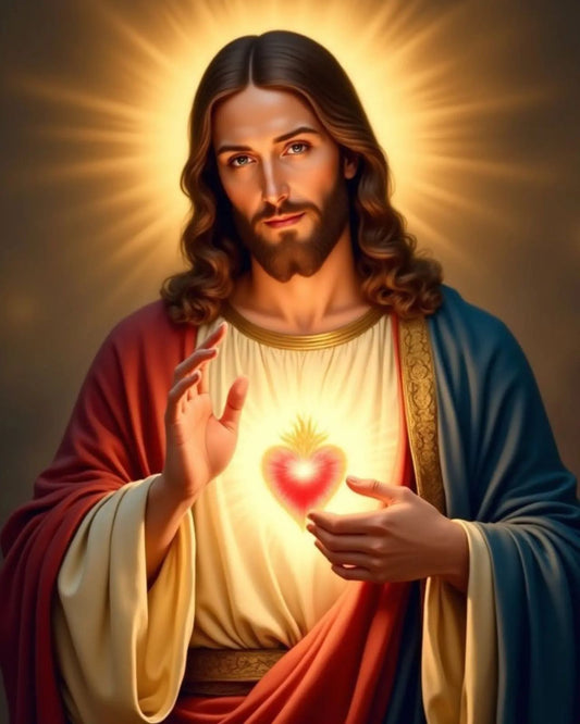 Sagrado Corazón en diamond painting, diseño completo con resplandor rojo