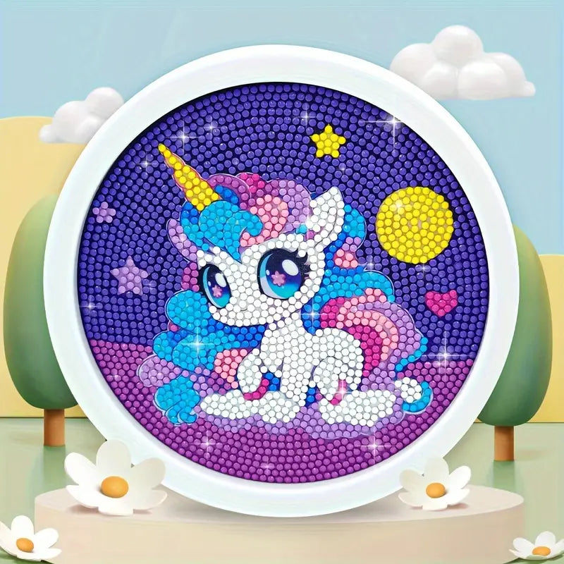 Unicornio Morado Pintura con Diamantes para Niños + Marco 18x18