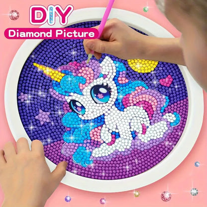 Unicornio Morado Pintura con Diamantes para Niños + Marco 18x18