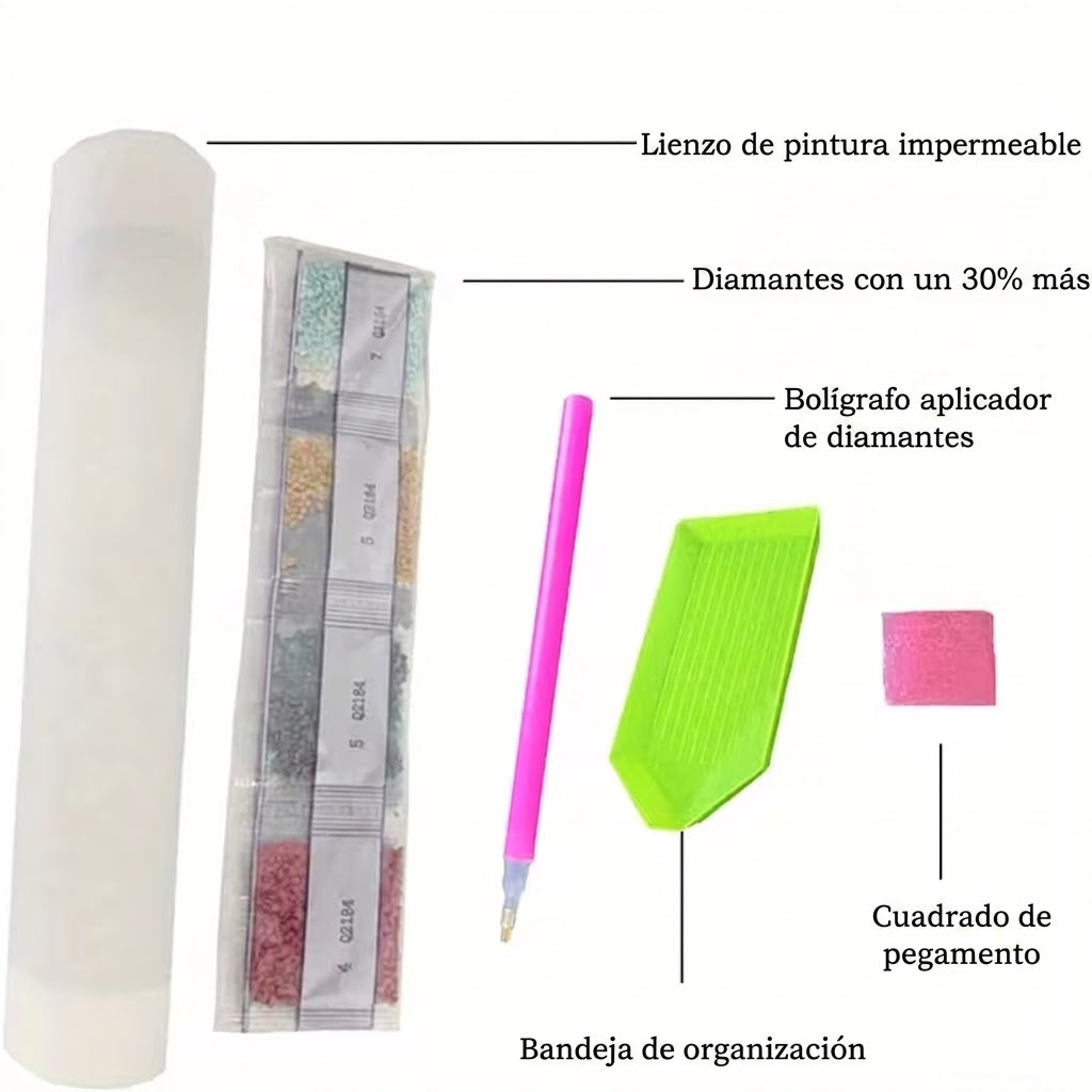 Contenido del kit de Elefante Majestuoso: lienzo, diamantes y herramientas