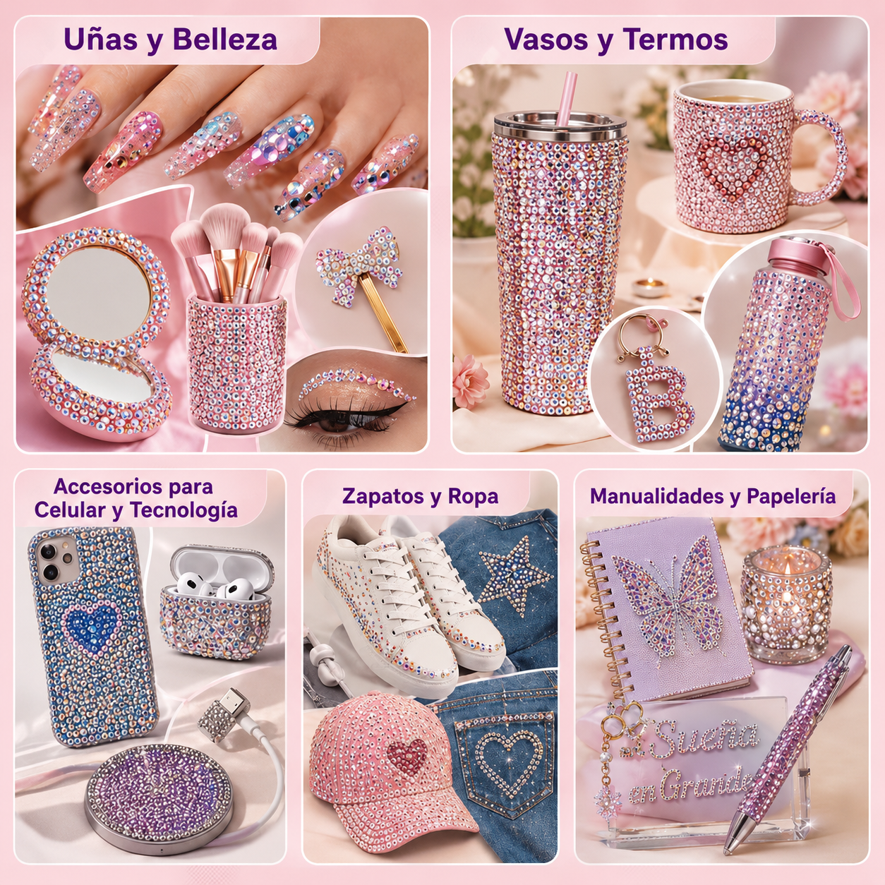 Ideas de uso del kit bedazzling: uñas, vasos, celulares, ropa y manualidades