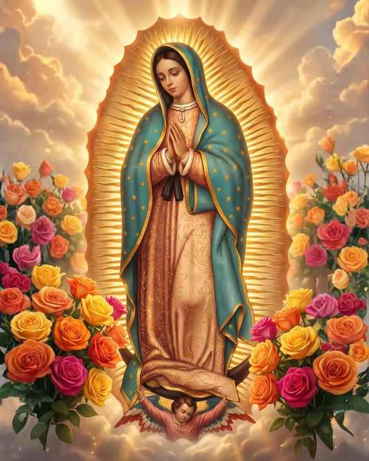 Virgen Guadalupe Flores en diamond painting, diseño completo rodeado de rosas