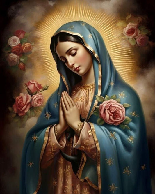 Virgen de Guadalupe Oración en diamond painting, diseño completo con rosas