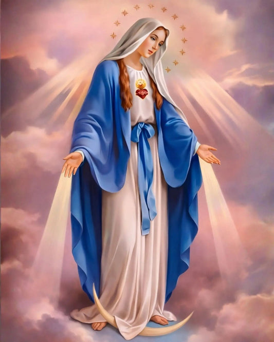 Virgen de la Milagrosa en diamond painting, diseño completo con rayos de luz