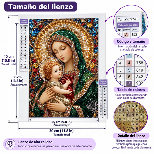 Detalle del cuadro Virgen Brillante armado con diamantes de resina, estilo ícono religioso