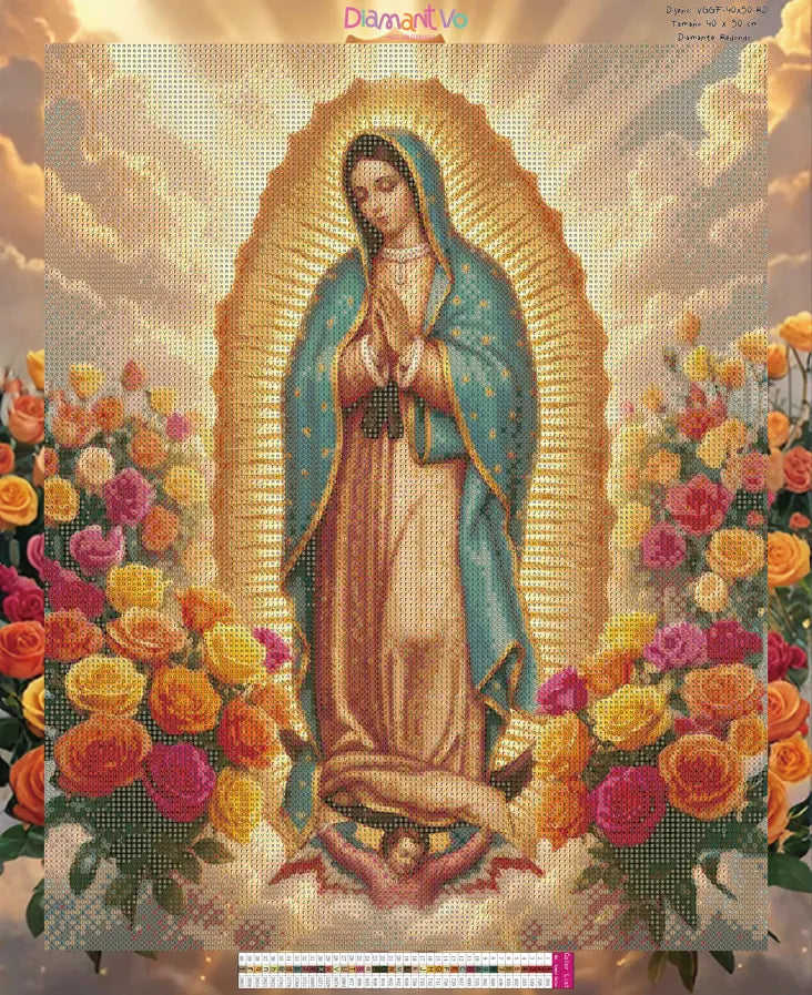 Virgen Guadalupe Flores Premium Arte con diamantes 50 x 40